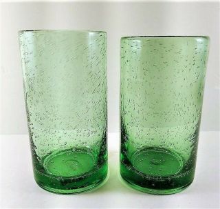 2 - Vintage Mexican Hand Blown Art Glass Green Tumblers Glasses Bubbles Pontil