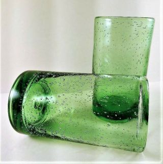 2 - Vintage Mexican Hand Blown Art Glass Green Tumblers Glasses Bubbles Pontil 2