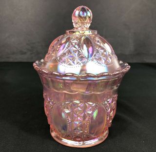 7” Vintage Lenox Imperial Pink Carnival Glass Covered Dish Lig Pink Candy Dish