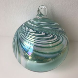 Hand Blown Art Glass Witch Ball Ornament Sun Catcher - Turquoise Teal Green Swirl