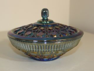 Vintage Windsor Blue Iridescent Carnival Glass Candy Dish Bowl With Lid