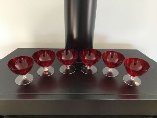 Vintage Set Of 6 Red And Clear Dessert Glasses.  Bohemia Glass.  Czechoslovakia 309