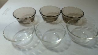 Vintage 3 Smoked 3 Clear Glass Pyrex 6oz.  Custard Cups Scalloped Edge 3 Ring 463