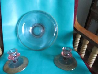 Vintage Pink Depression Glass With Gold Etching Console Set Bowl/ Candleholders