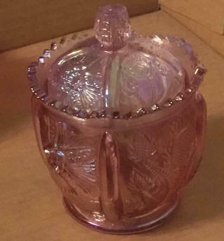 Vintage Fenton Art Glass Pink Thistle Pattern Covered Trinket / Sugar Bowl