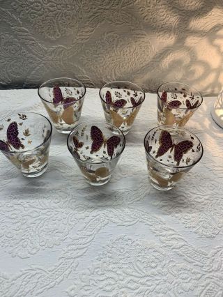 6 - 1950’s Libbey Butterfly With 22k Gold 6 Oz.  Juice Glasses