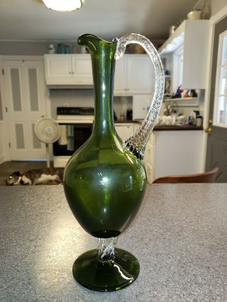 Vintage Mid Century Italian ? Art Glass Green Pitcher / Ewer Applied Handle 2