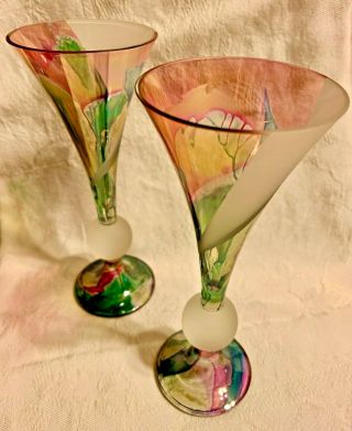 Hand Painted Art Glass Champagne Flutes With Frosted Glass