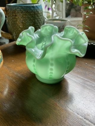 Vintage Fenton Green Glass Melon Vase Beaded Ruffled Top