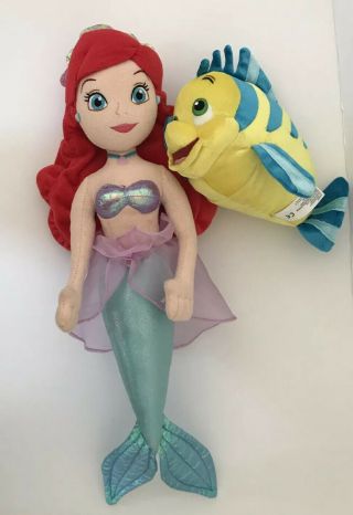 Disney Store Princess Ariel The Little Mermaid Plush 21 " Doll & Flounder Fish