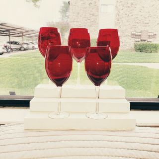 Vintage Ruby Red Crystal Optic Clear Stem Wine Goblets Set Of 5 Hand Blown