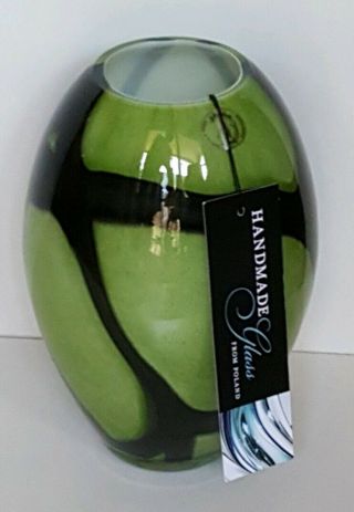 Hand Blown Glass Art Vase From Poland,  Green/black