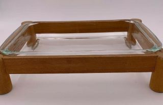 Vtg Pyrex Glass Baking Dish 13 " X 9 " With Wooden Stand