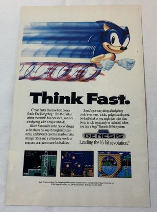 1991 Video Game Ad Page Sonic The Hedgehog Think Fast