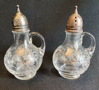 Vintage Cambridge Glass Chantilly Salt & Pepper Shakers Sterling Silver Lids