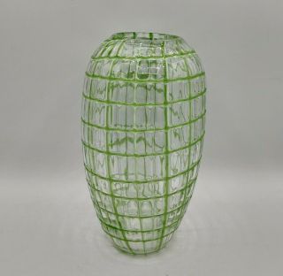 Vintage Hand Blown Art Glass Green Applied Striped Checkered Decorative Vase