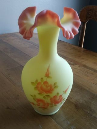 Fenton Art Glass Ruffled Vase Pink Rose Burmese Hand Painted Signed 9 Inch Rare