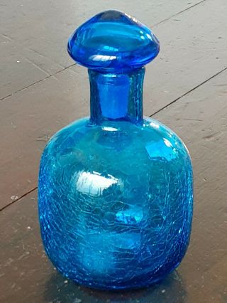 Great Vintage Blenko Blue Crackle Glass Decanter - Vase ? W/ Stopper