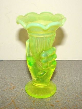 Vintage Fenton Topaz Vaseline Opalescent Miniature Hand Vase