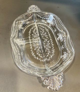 Fostoria Etched Glass Mayflower Pattern 3 Part Divided Serving Dish Elegant