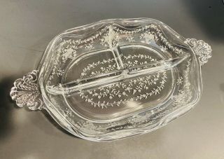 Fostoria Etched Glass Mayflower Pattern 3 Part Divided Serving Dish Elegant 2