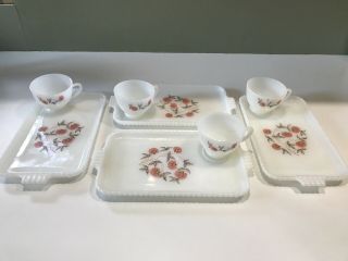 Vintage Set Of 4 White Milk Glass Snack Tray W/ Cups - Flowers; Fleurette Pattern