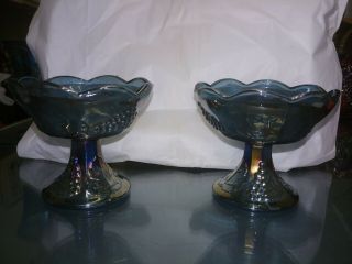 Set Of 2 Vintage Blue Carnival Glass Candle Stick Holders Harvest Grape