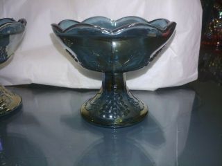 Set Of 2 Vintage Blue Carnival Glass Candle Stick Holders HARVEST GRAPE 3