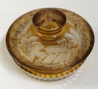 Vintage Bohemian Czech Art Glass Amber Cut To Clear Covered Candy Dish 6 1/2 "