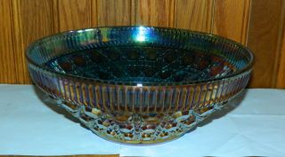 Vtg Indiana Glass Iridescent Blue Large Carnival Glass Bowl Windsor Pattern 10 "