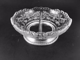 Cambridge Glass Chantilly Etch Sheffield Two - Part Relish Sterling Silver Gadroon