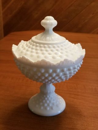 Vintage Fenton Hobnail Milk Glass Candy Dish On Pedestal