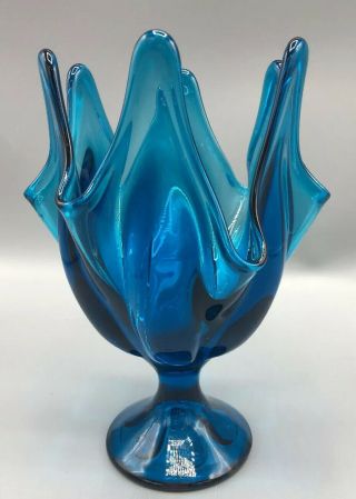 Vintage Viking Glass Co.  " Epic " Line 1436 " Six Petal " Footed Vase Peacock Blue