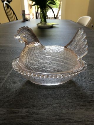 Vtg.  Pink Depression Glass Chicken/hen On Nest Covered Candy Dish