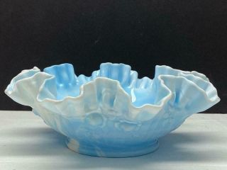 Vintage Fenton Blue Marbled Slag Milk Glass Ruffled Edge Bowl Cabbage Rose