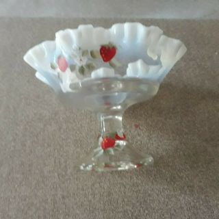 Vintage Fenton Art Glass Strawberry Hand Painted Signed Vase Bowl 6 " Tall 8 " Wide