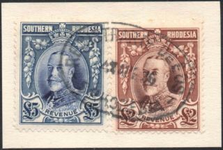 Southern Rhodesia 1931 £2 & £5 Revenues,  Barefoot 13/14,  Neatly On Piece