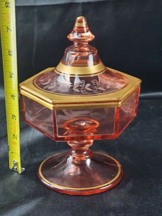 Pink Depression Glass Carnival Glass Amberina Candy Dish Ombre Lid Gold