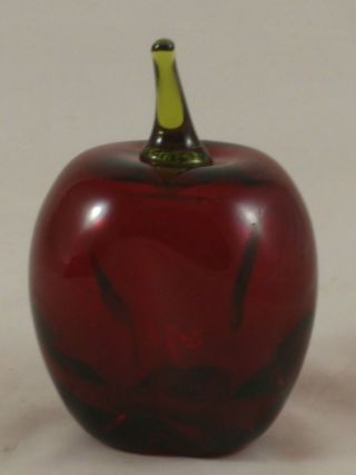 Vintage Viking Glass Art Red Apple With Green Stem Hollow Hand Blown Paperweight