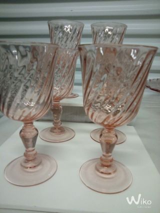 6 - Pink Roseline Glass Goblets,  Arcoroc Swirl Pattern Made In France 6.  5 " Tall