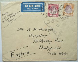 MALAYA 21 SEP 1940 WWII CENSORED AIRMAIL COVER FROM PENANG TO PONTYPRIDD,  WALES 2