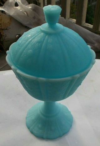 Rare Vintage Frost Blue Fenton Compote Candy Dish Covered 8.  5 " Glass Floral Look