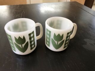Set Of 2 Vintage Green Tulip Gingham Plaid Cup Mug Milk Glass Glasbake Stackable