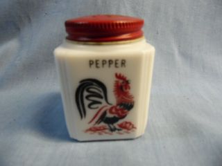 Vtg.  Tipp Milkglass Red & Black Rooster Pepper Shaker The Coleman Agency Adv.