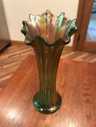 Vintage Estate Carnival Glass Vase Green Ribbed Iridescent Vase