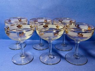 Set Of 6 Libbey Frosted Gold Leaf Stemware Bar Glasses Champagne Martini Vintage