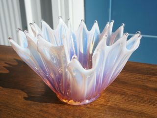 Vintage Fostoria Handkerchief Bowl,  Heirloom Pink Opalescent Glass Crimped Vase