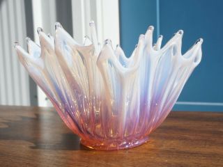 Vintage Fostoria Handkerchief Bowl,  Heirloom Pink Opalescent Glass Crimped Vase 2