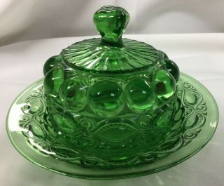 Vintage Green Glass Eyewinker Covered Butter/cheese Dish Carnival Glass