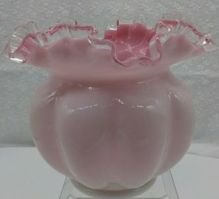 Vintage Fenton Milk & Pink.  Glass Melon Shape Vase Crimped Ruffled Pink Edge